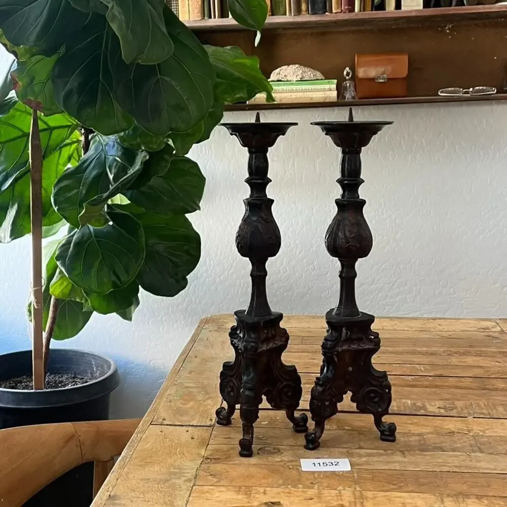 Rare Vintage Baroque Cast Iron Church Altar Candlestick Holders 13.75” Tall
